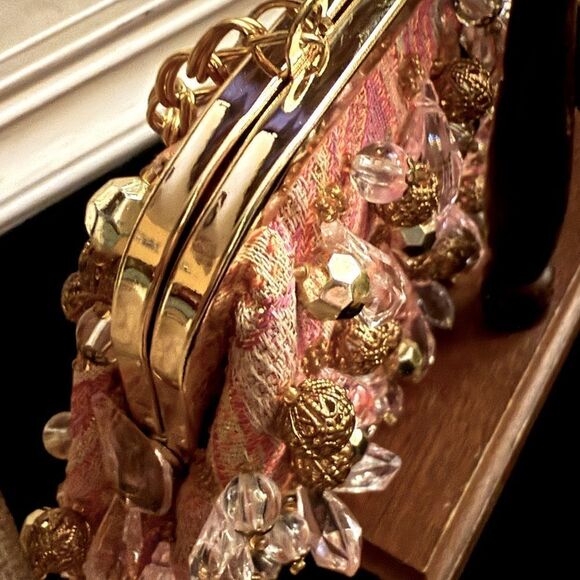 Rafe evening pink & silver jacquard.kiss lock purse clutch w beading VINTAGE - Picture 10 of 13